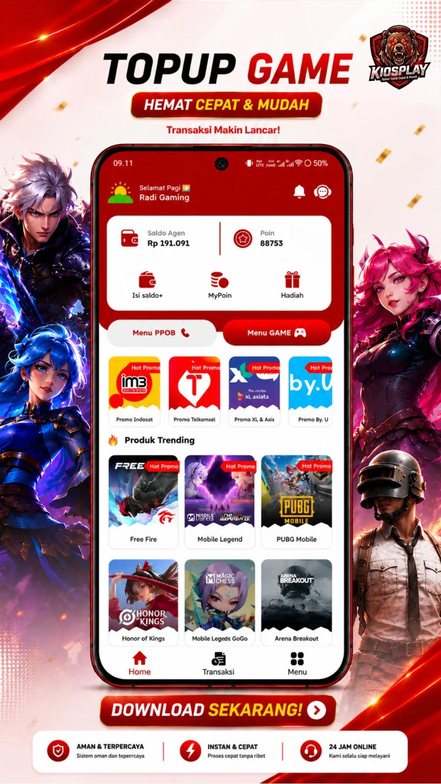 Tampilan aplikasi KiosPlay untuk top up game